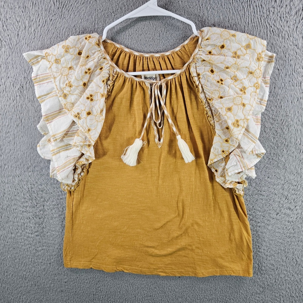Porridge Anthropologie Mustard Yellow Eyelet Flutter Sleeve Tassel Blouse XS